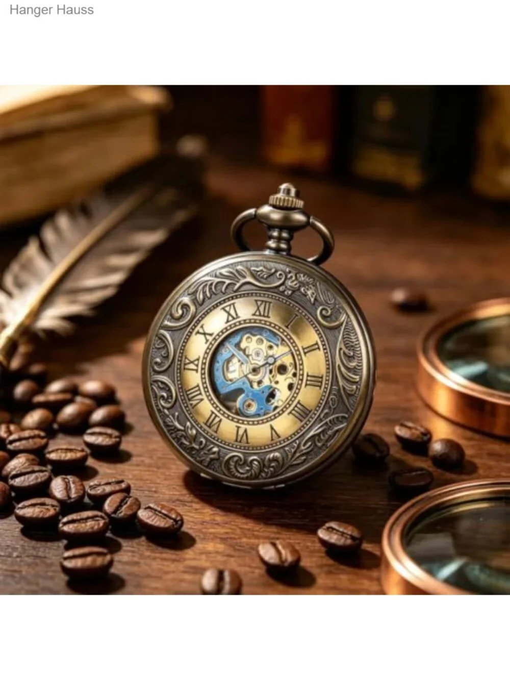 Vintage Mechanical Skeleton Pocket Watch with Box and Chain